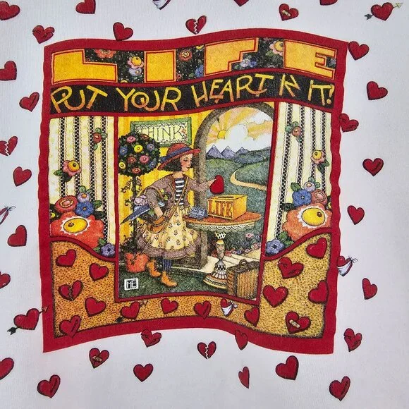 VTG 90s Hanes Sz M Mary Engelbreit Put Your Heart In It Sweatshirt Valentine Luv - Picture 6 of 13